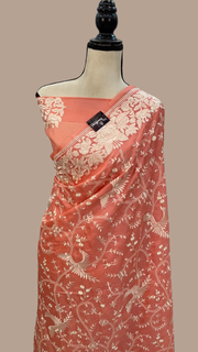 Peach Tussar Silk Handloom Banarasi Saree With Chikankari - The Handlooms