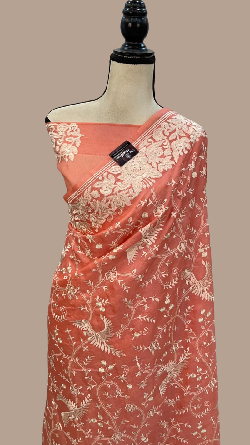 Peach Tussar Silk Handloom Banarasi Saree With Chikankari - The Handlooms