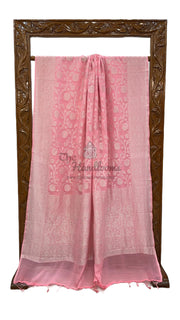 Pink Khaddi Georgette Banarasi Saree with all silver zari jaal work - The Handlooms