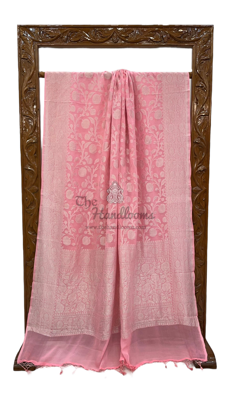 Pink Khaddi Georgette Banarasi Saree with all silver zari jaal work - The Handlooms