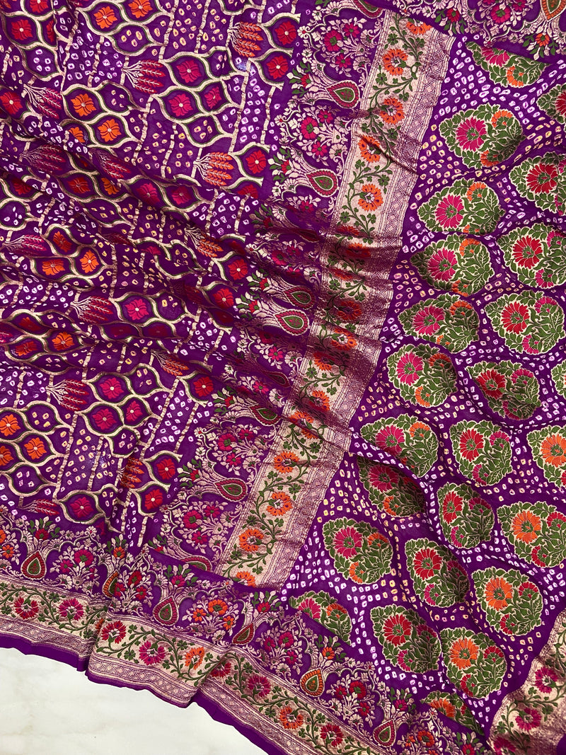 Pure Georgette Banarasi Bandhej Handloom Saree - Meenakari