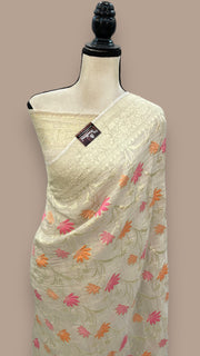 Pure Tussar Georgette Handloom Banarasi Saree - All over Jaal Work with meenakari - The Handlooms