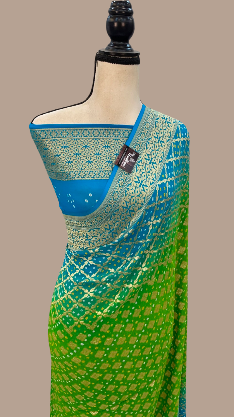 Dual Shade Pure Georgette Banarasi Bandhej Handloom Saree - The Handlooms