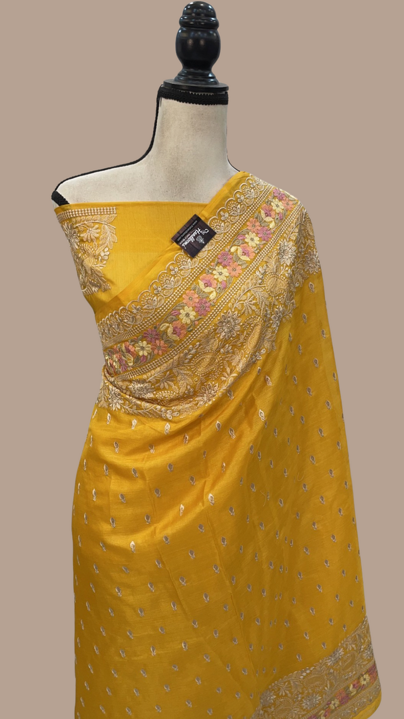 Yellow Tussar Silk Handloom Banarasi Saree With Chikankari - The Handlooms