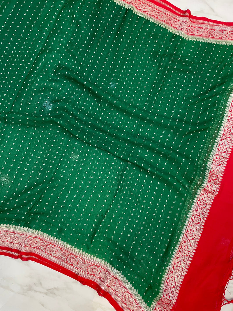 Pure Georgette Handwoven Dupatta - Green Red silver zari - The Handlooms