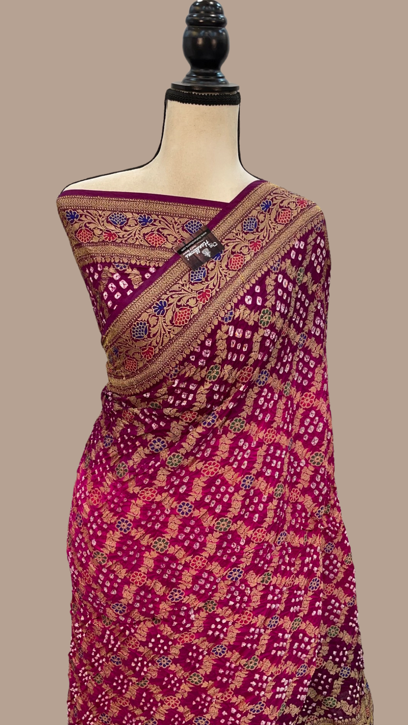 Dupion Silk Bandhej Banarasi Saree - Meenakari - The Handlooms