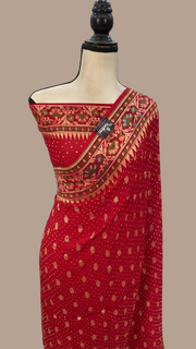 Pure Georgette Banarasi Bandhej Handloom Saree - with meenakari work - The Handlooms