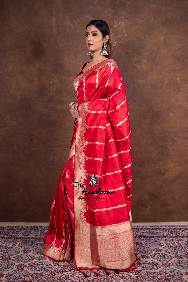 Red Pure Katan Silk Banarasi Handloom Saree - All over Kadua Stripe - The Handlooms
