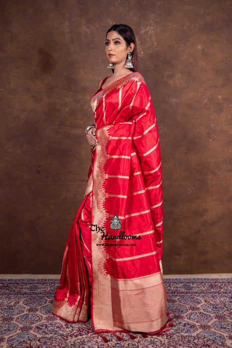 Red Pure Katan Silk Banarasi Handloom Saree - All over Kadua Stripe