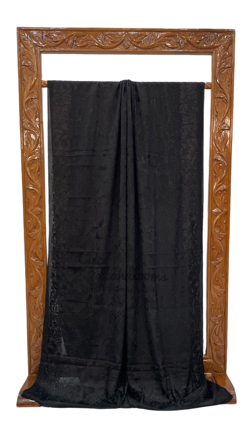 Black Pure Georgette Chikankari Handloom Banarasi Saree - The Handlooms