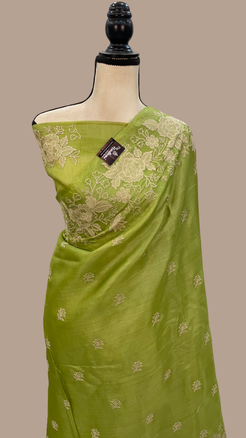 Tussar Silk Handloom Banarasi Saree With Chikankari - The Handlooms