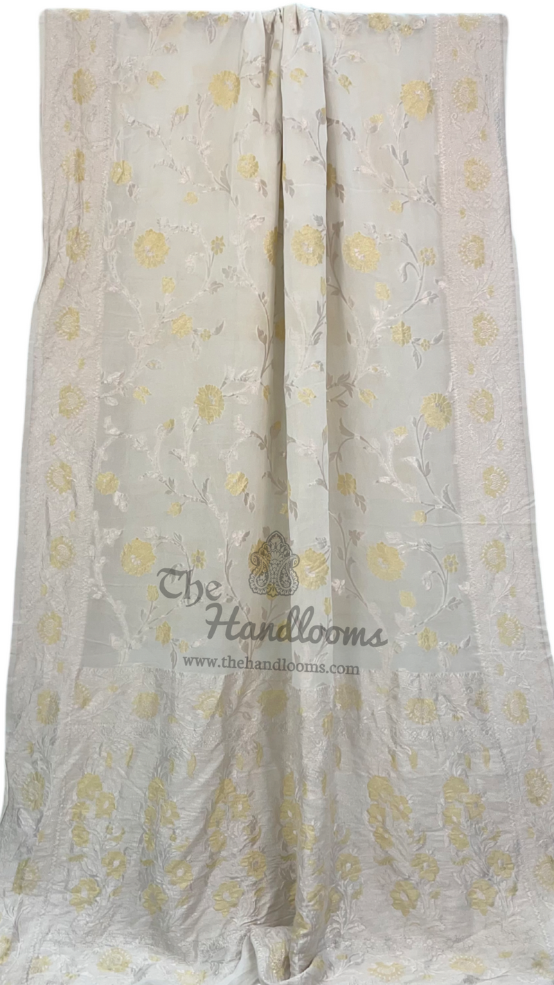 White Khaddi Georgette Handloom Banarasi Saree - All over Roopa Sona Jaal Work - The Handlooms