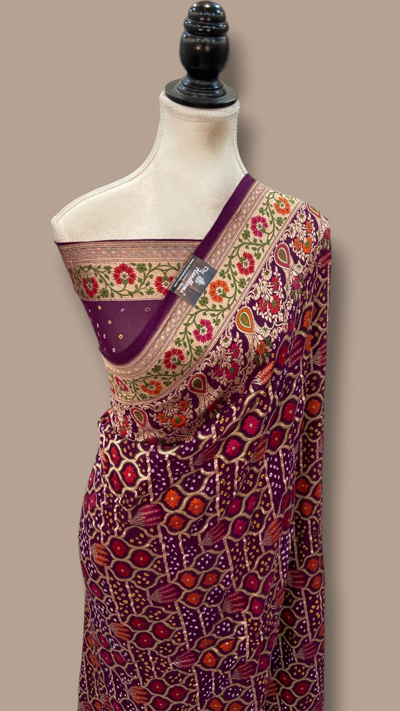 Pure Georgette Banarasi Bandhej Handloom Saree - Meenakari