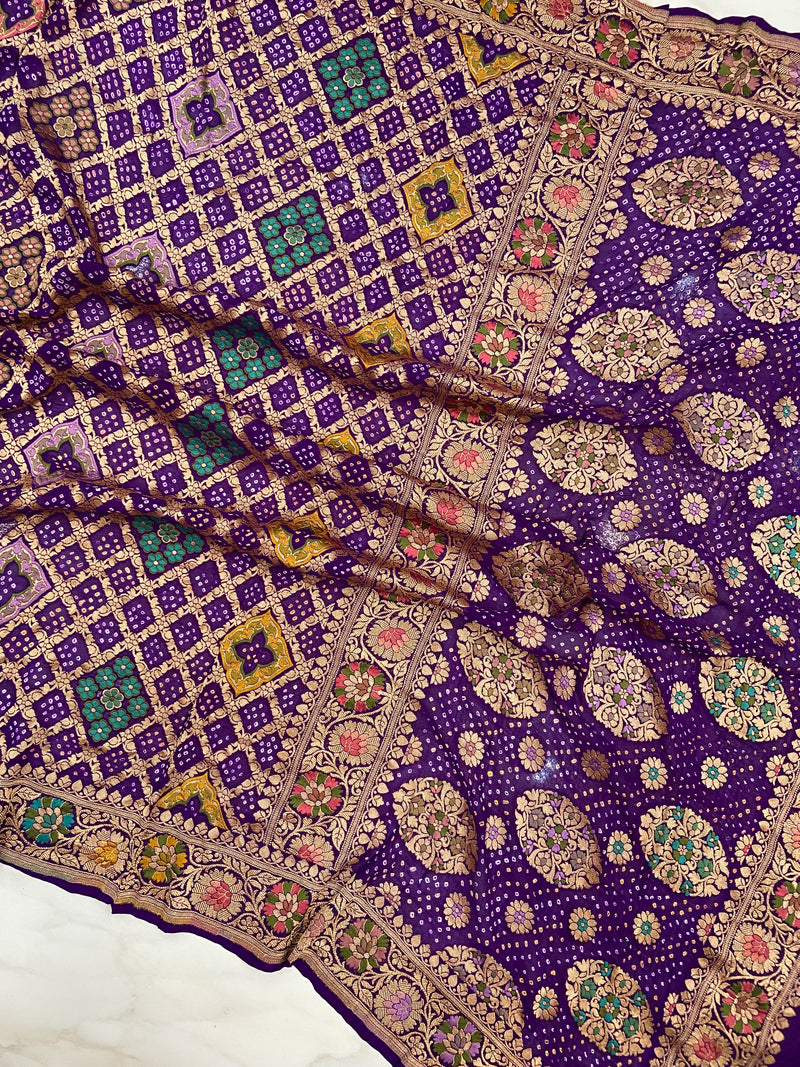 Pure Georgette Banarasi Bandhej Handloom Saree - Meenakari
