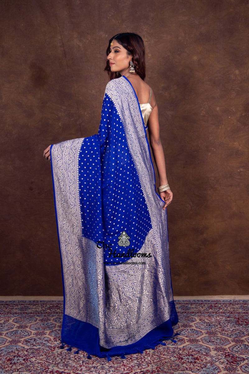 Royal Blue Khaddi Georgette Handloom Banarasi Saree - The Handlooms