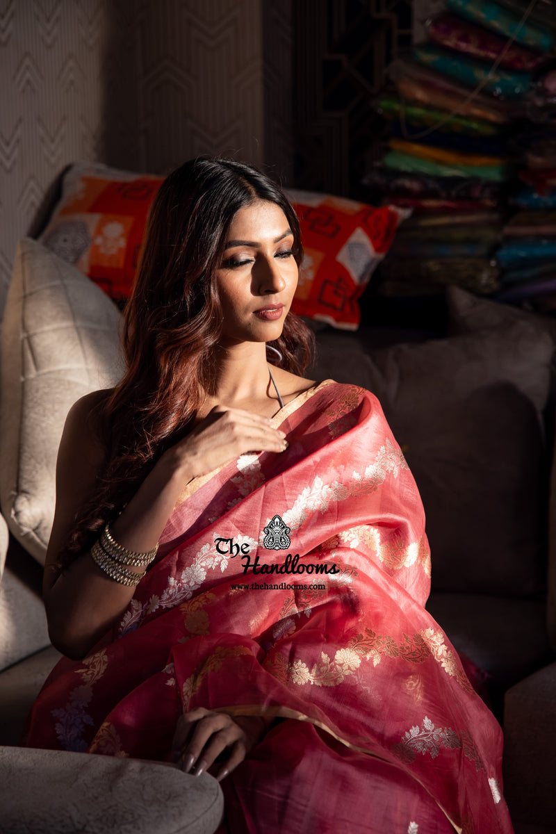 Onion Pink Pure Kora Handloom Banarasi Saree - The Handlooms