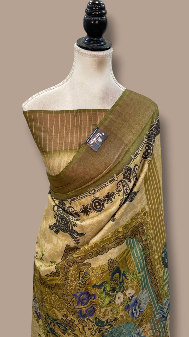 Pure Tussar Silk Handloom Banarasi Saree With Digital Print
