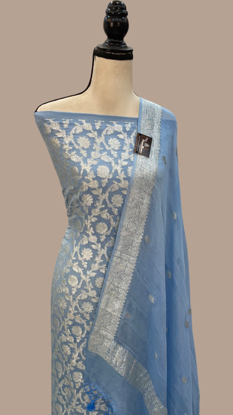 Bluish Grey Khaddi Georgette Banarasi Dress material - The Handlooms