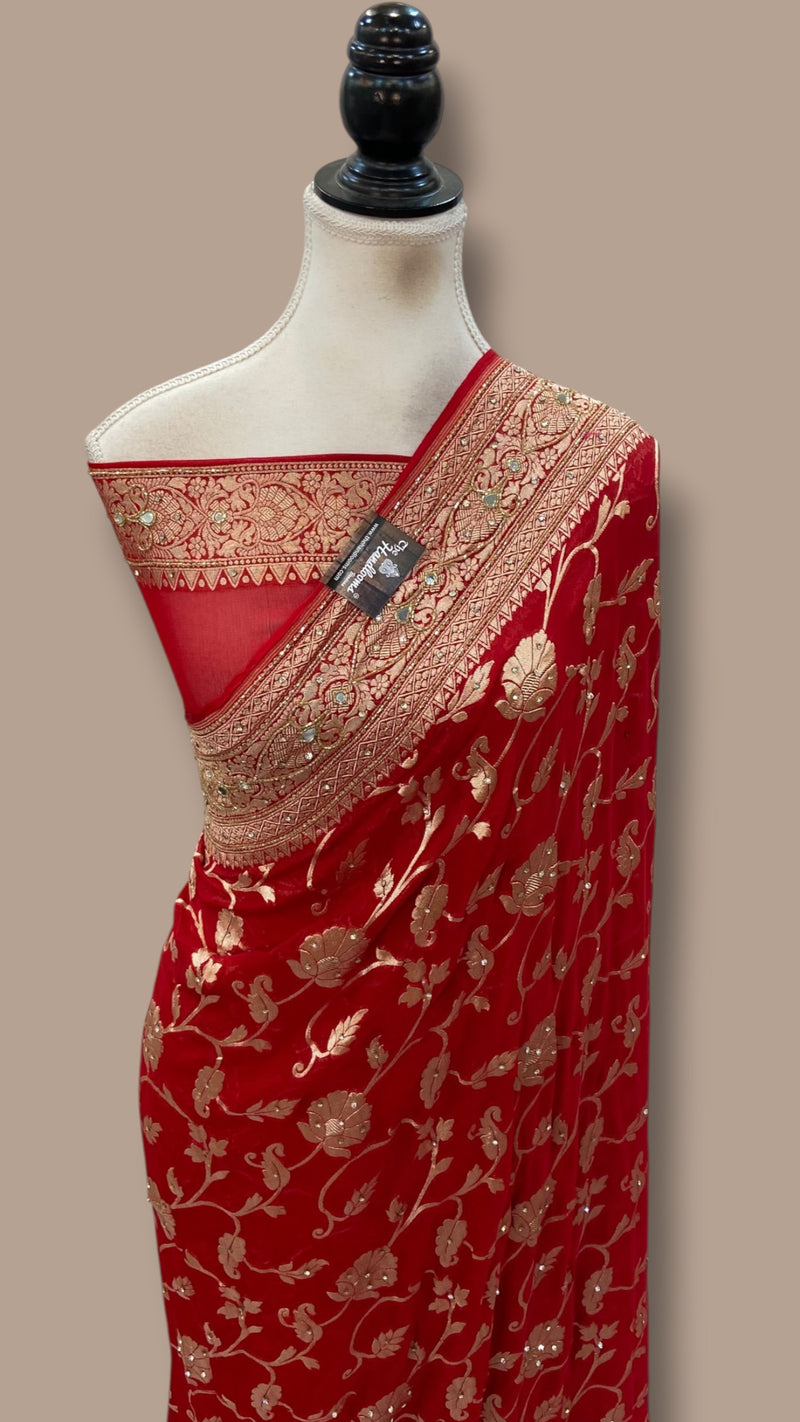 Pure Khaddi Georgette Handloom Banarasi Saree with Handwork: Gota Patti, Zardozi, Diamond Chain, Katdana, and Abla Detailing