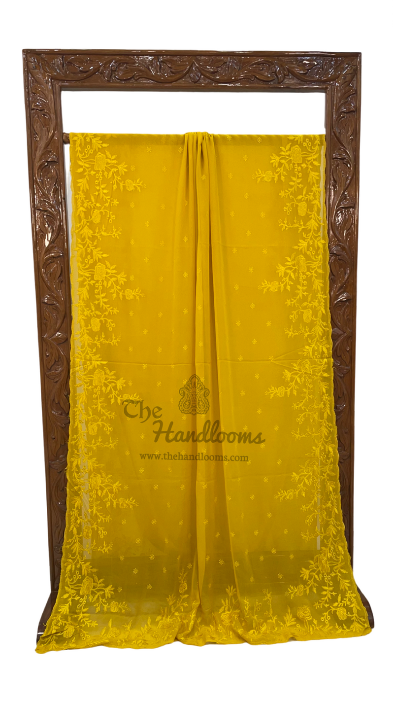 Pure Georgette Chikankari Handloom Banarasi Saree - The Handlooms