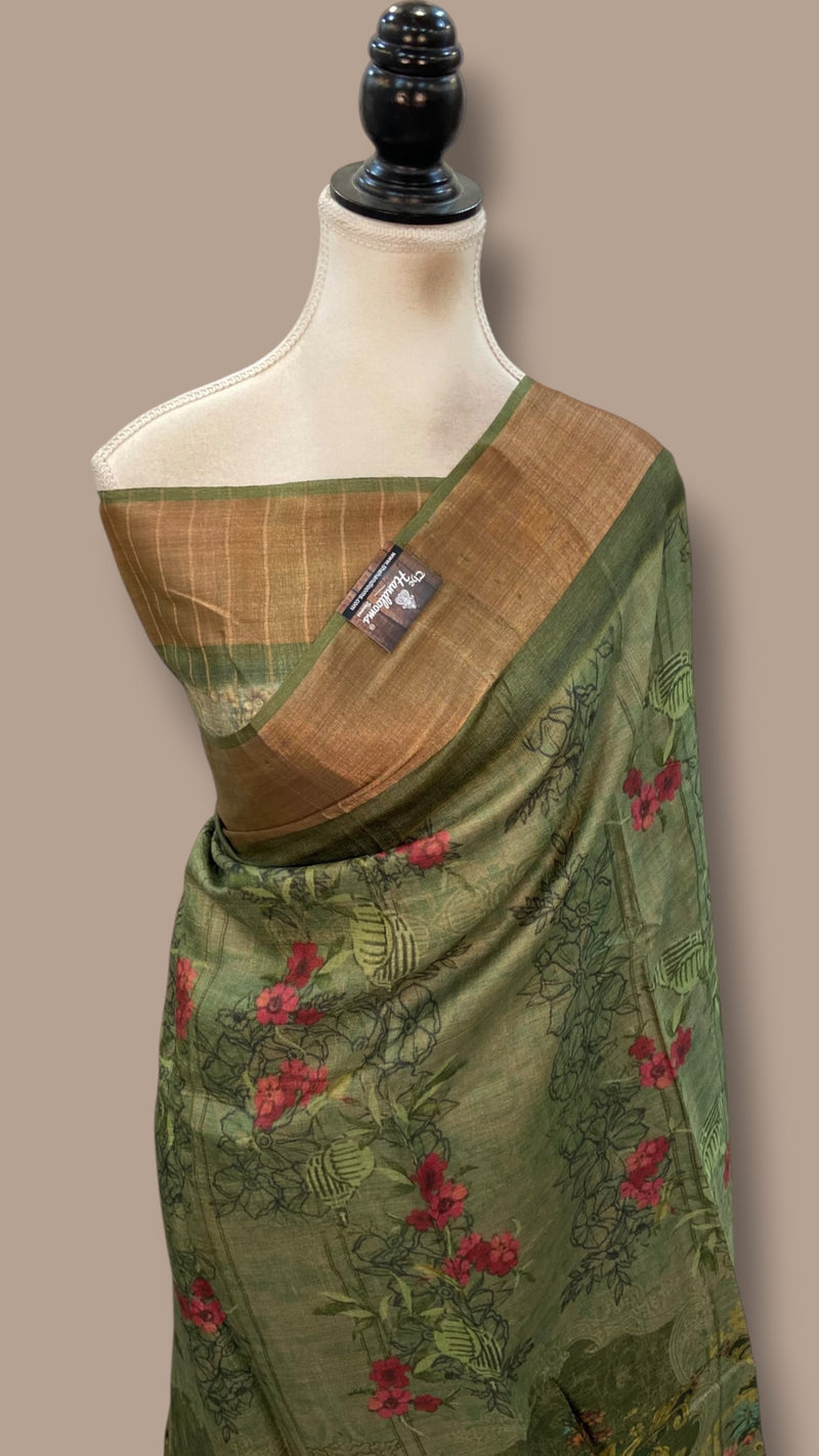 Pure Tussar Silk Handloom Banarasi Saree With Digital Print