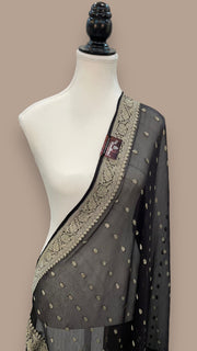 Pure Georgette Dupatta - Black silver zari - The Handlooms