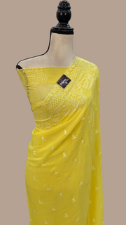 Pure Georgette Chikankari Handloom Banarasi Saree - The Handlooms