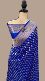Royal Blue Pure Katan Silk Banarasi Handloom Saree - All over jaal work - The Handlooms