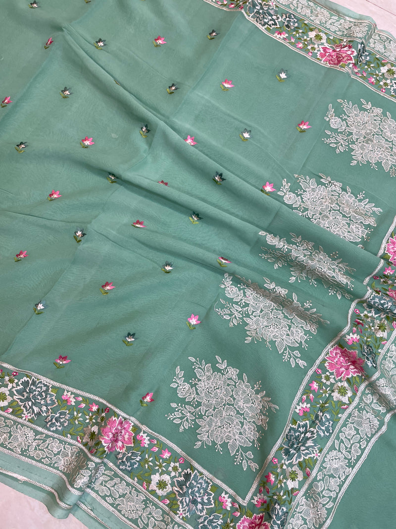 Pure Georgette Chikankari Handloom Banarasi Saree - The Handlooms