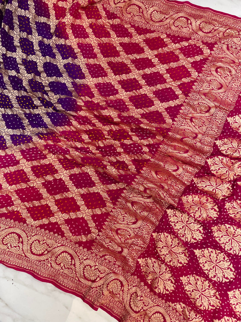 Dual Shade Pure Georgette Banarasi Bandhej Handloom Saree - The Handlooms