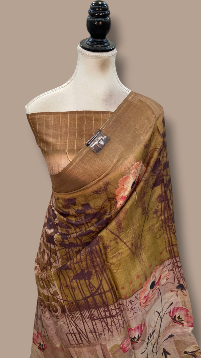 Pure Tussar Silk Handloom Banarasi Saree With Digital Print