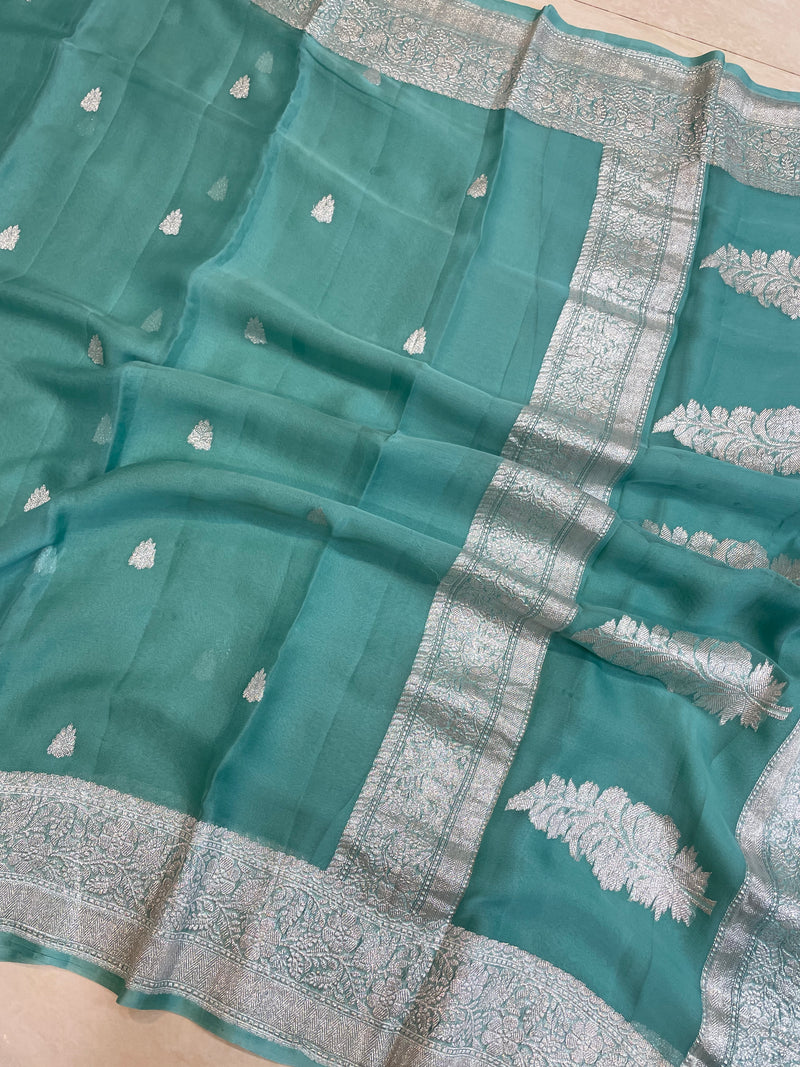 Pure Georgette Banarasi Saree - Cement Green - The Handlooms