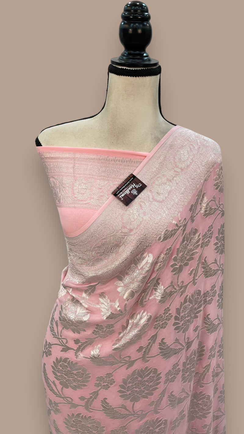 Khaddi Georgette Banarasi Saree with all silver zari jaal work - The Handlooms