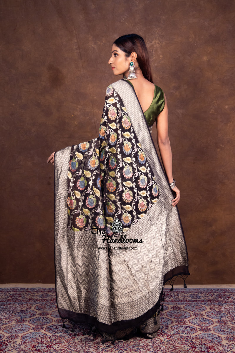 Black Pure Khaddi Georgette Banarasi Saree - water zari - The Handlooms