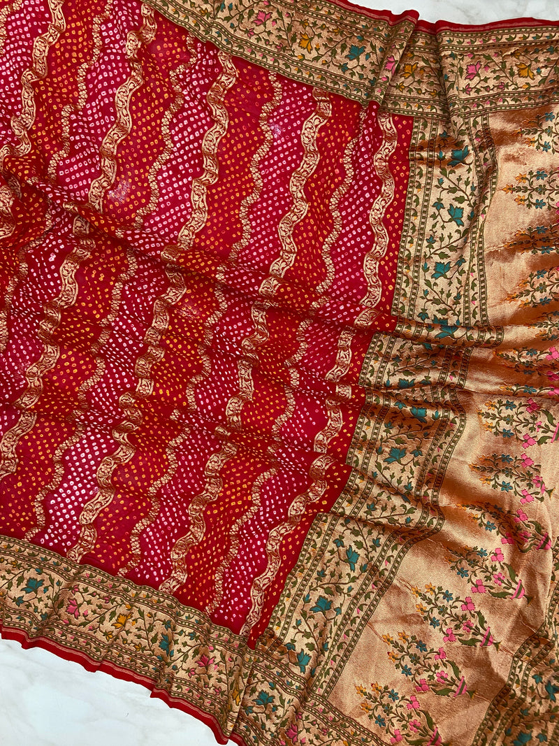 Pure Georgette Banarasi Bandhej Handloom Saree - Meenakari