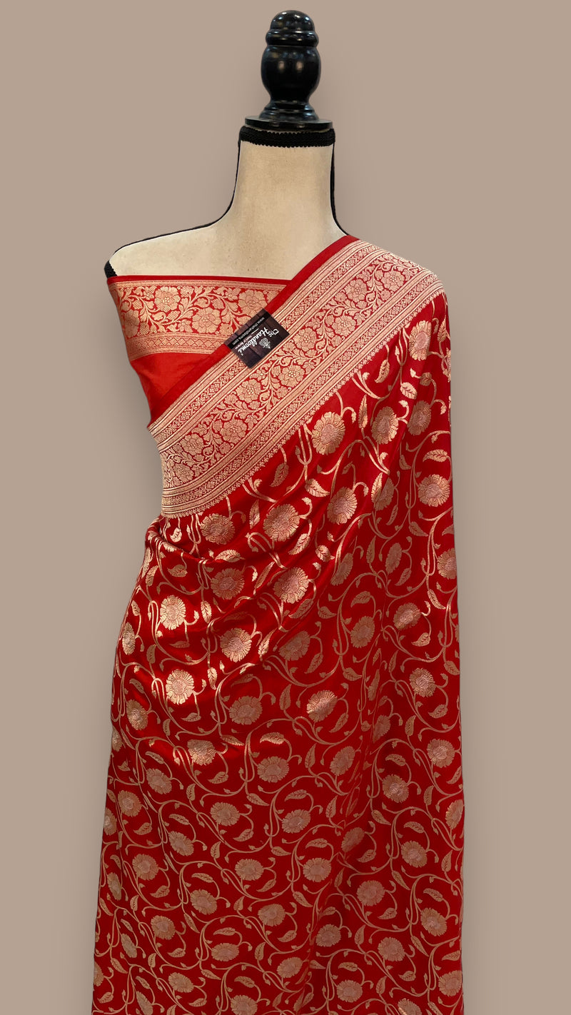 Red Pure Katan Silk Banarasi Handloom Saree - All over Sona Roopa Jaal work - The Handlooms