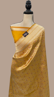 Mustard Yellow Pure Katan Silk Banarasi Handloom Saree - Tanchui Brocade - The Handlooms