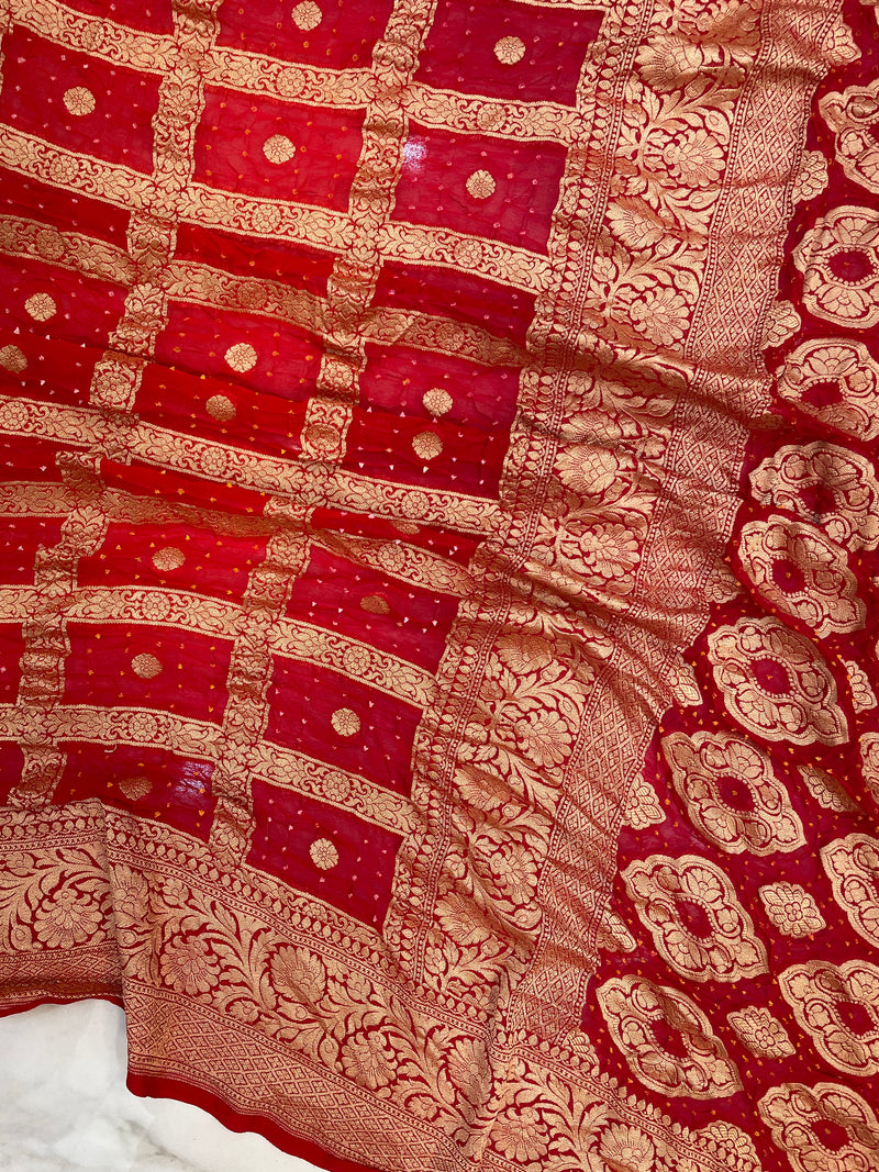 Red Pure Georgette Banarasi Bandhej Handloom Saree - The Handlooms