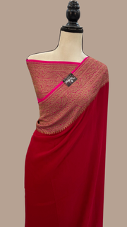 Red and Pink Pure Khaddi Georgette Handloom Banarasi Saree - The Handlooms
