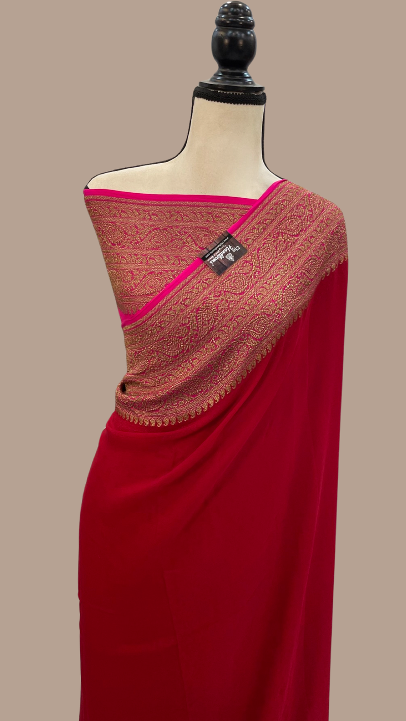 Red and Pink Pure Khaddi Georgette Handloom Banarasi Saree - The Handlooms
