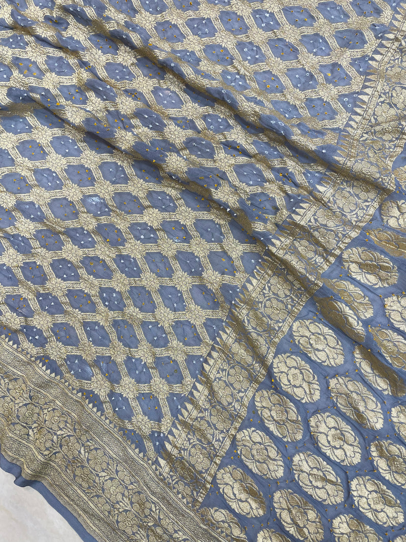 Grey Pure Georgette Banarasi Bandhej Handloom Saree - The Handlooms