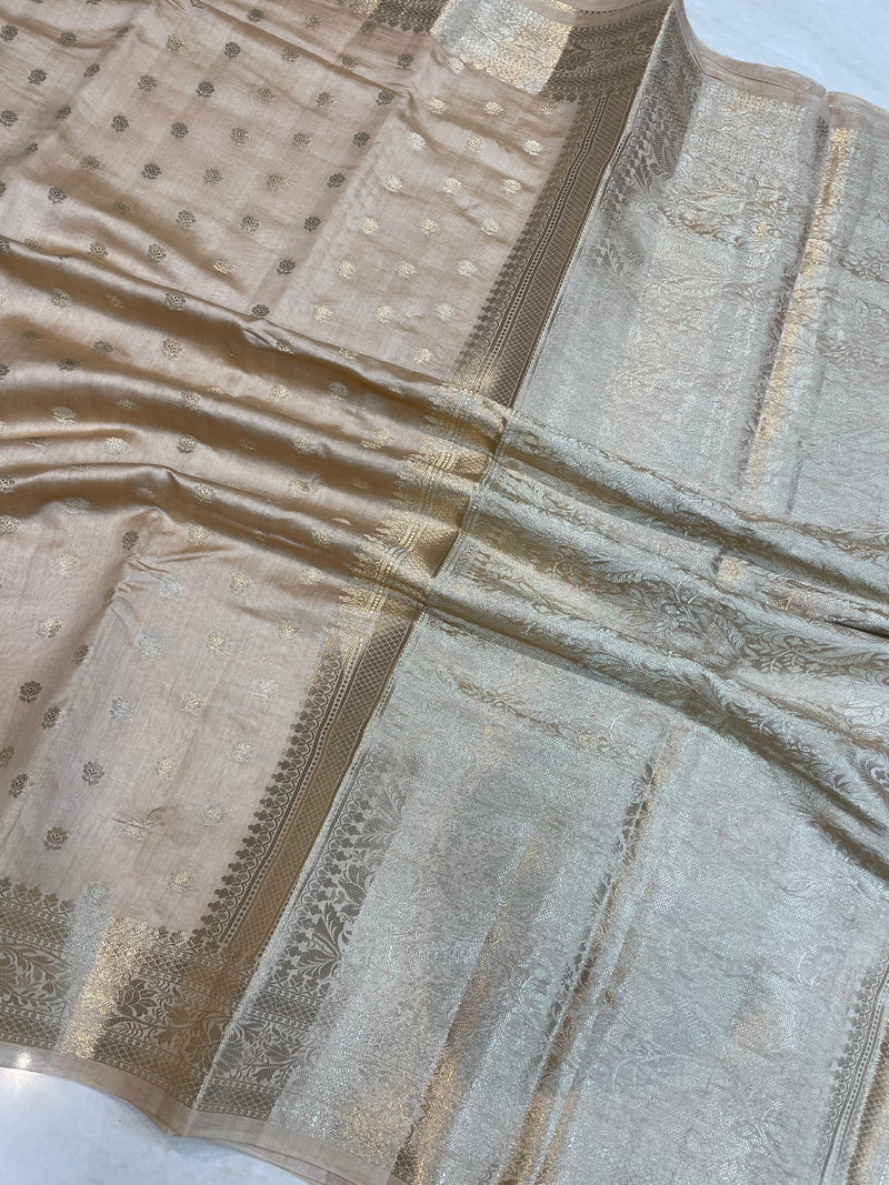 Beige Pure Dupion Silk Banarasi Saree - Gold Zari - The Handlooms