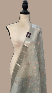 Pure Organza Handloom Banarasi dupatta With Chikankari And Digital Print - The Handlooms