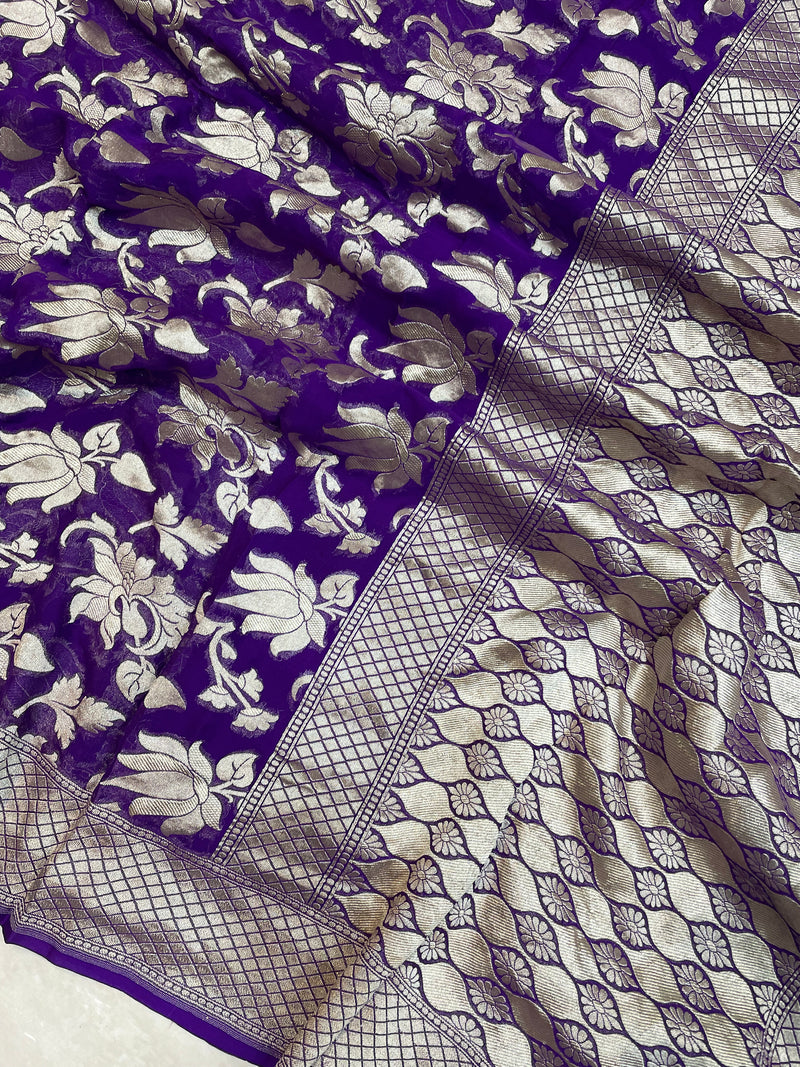 Purple Khaddi Georgette Handloom Banarasi Saree - The Handlooms