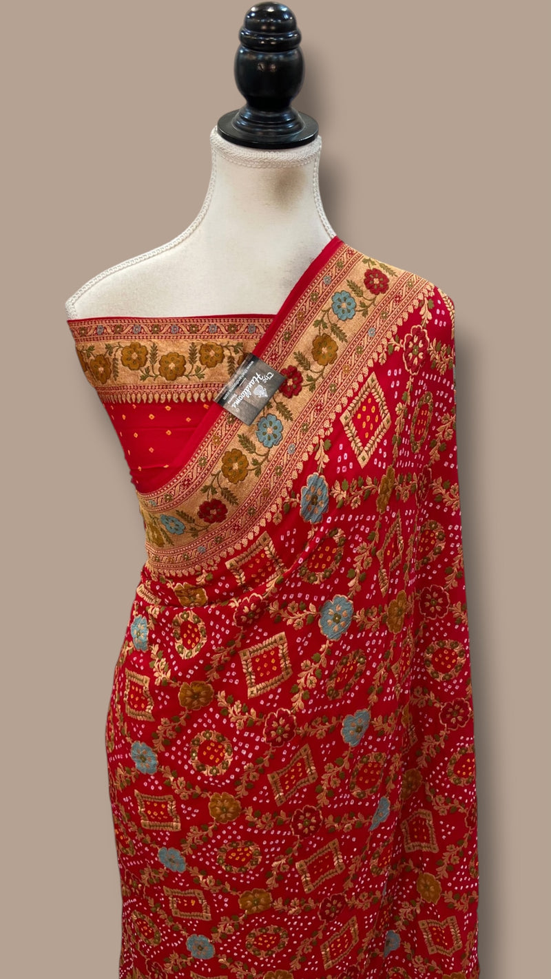 Pure Georgette Banarasi Bandhej Handloom Saree - Meenakari