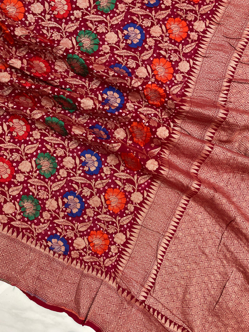 Pure Georgette Banarasi Bandhej Handloom Saree - with meenakari work - The Handlooms