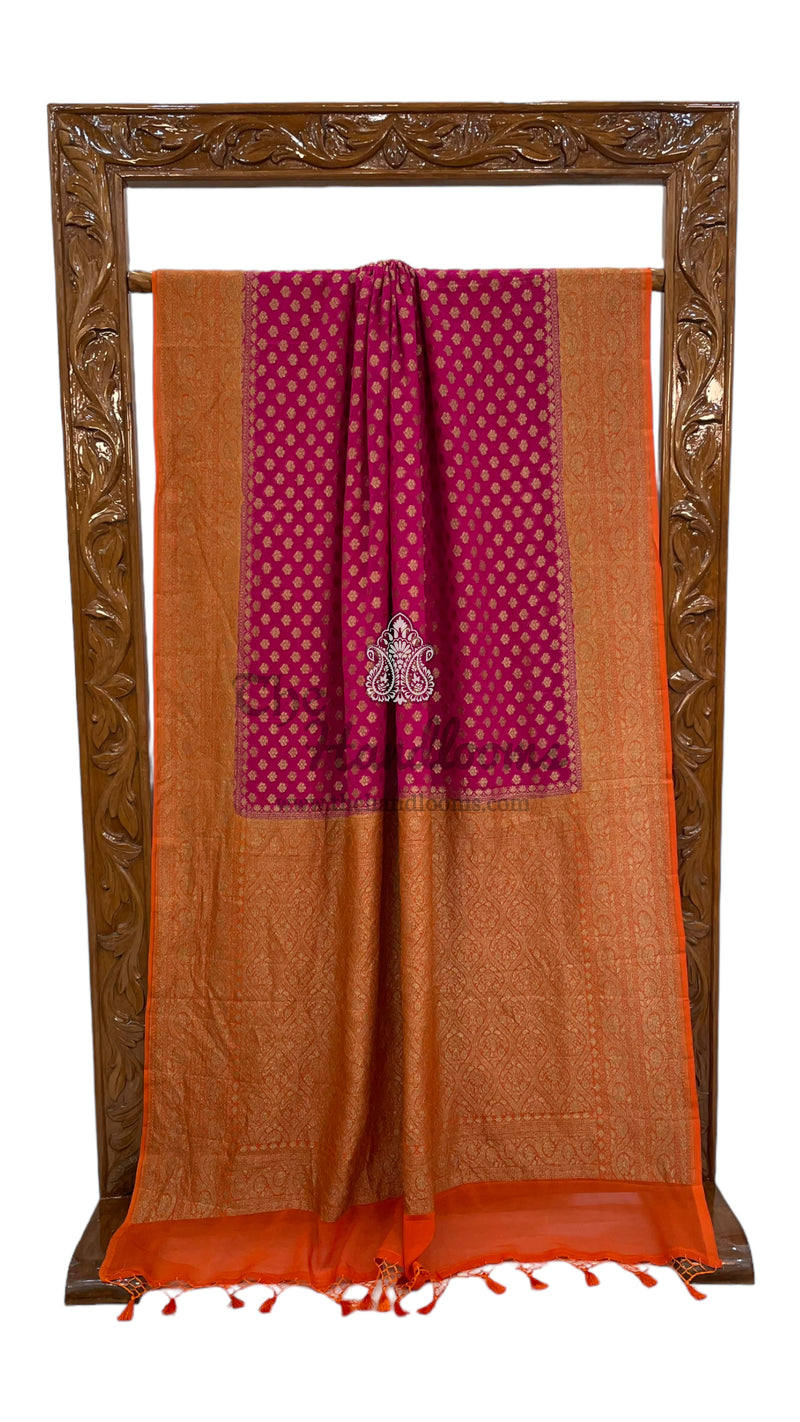Hot Pink Pure Khaddi Georgette Handloom Banarasi Saree - The Handlooms
