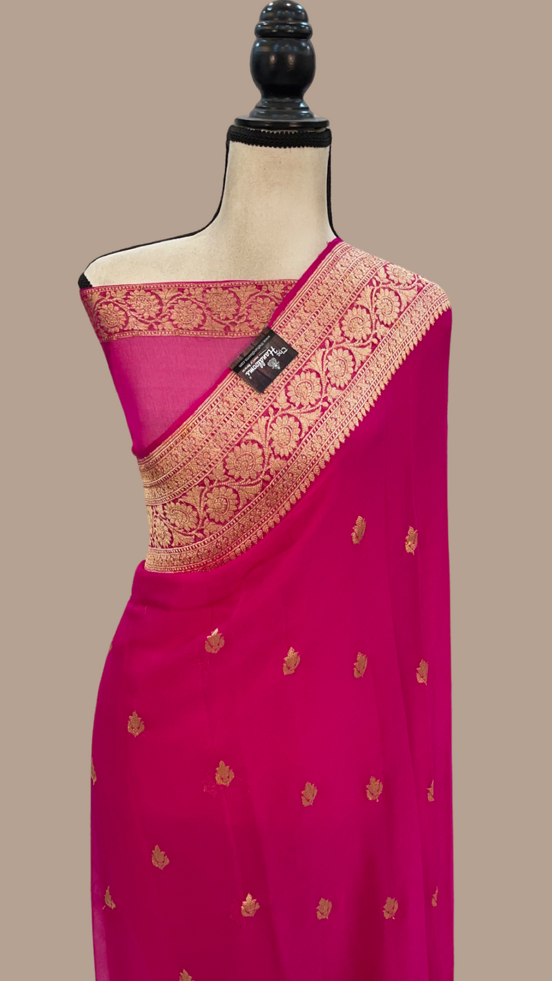 Hot Pink Pure Georgette Banarasi Saree - Gold zari - The Handlooms