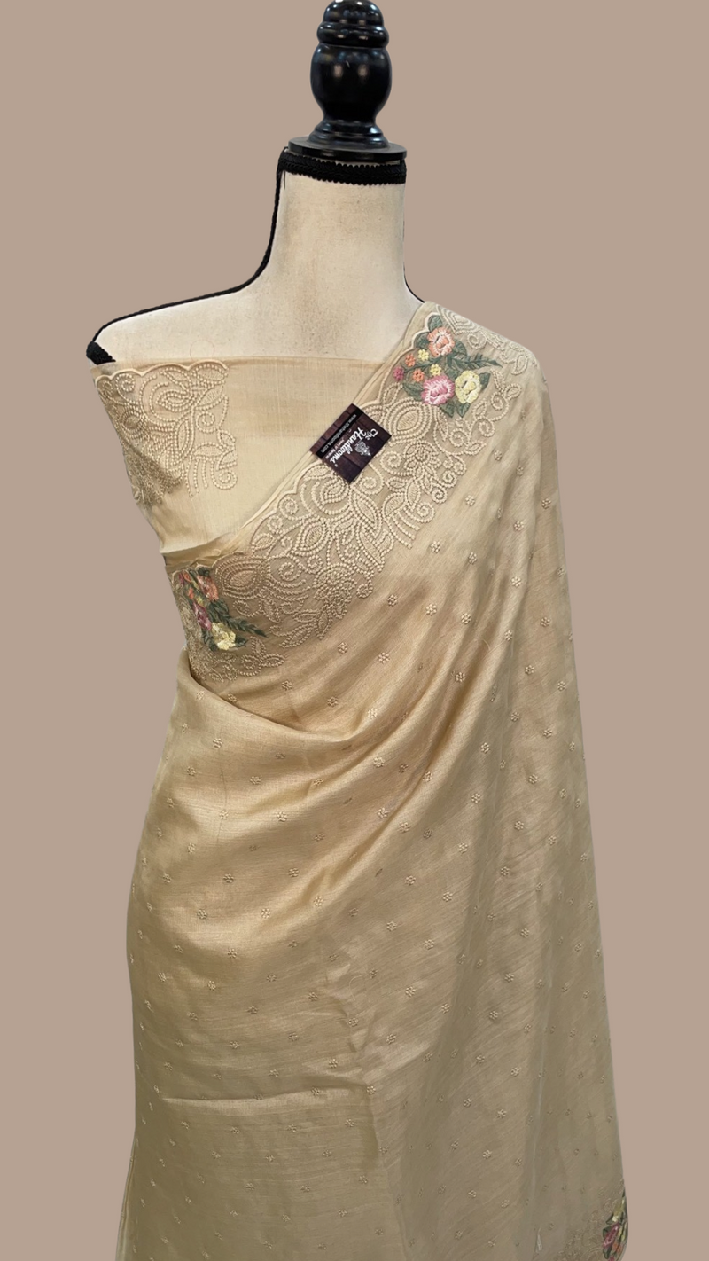 Tussar Silk Handloom Banarasi Saree With Chikankari - The Handlooms