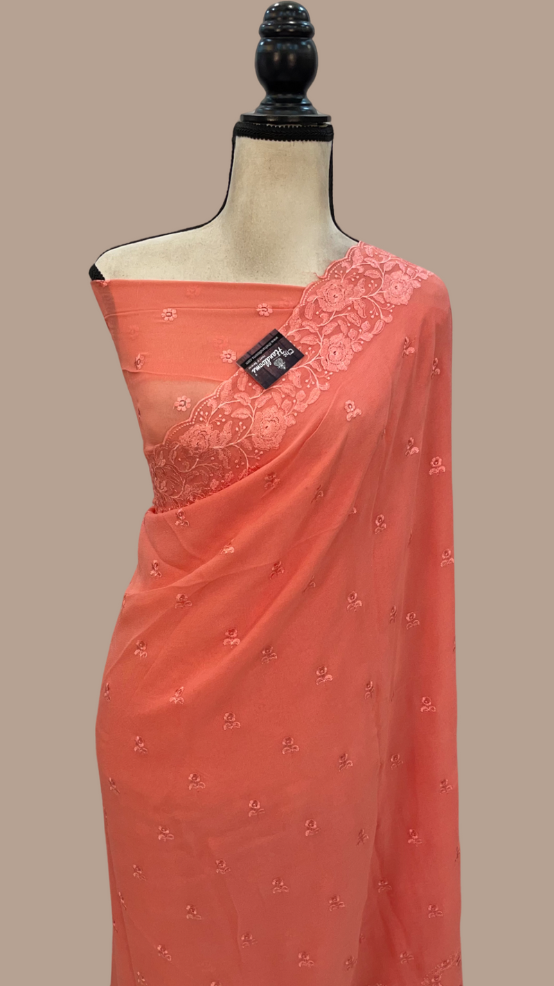 Pure Georgette Chikankari Handloom Banarasi Saree - The Handlooms